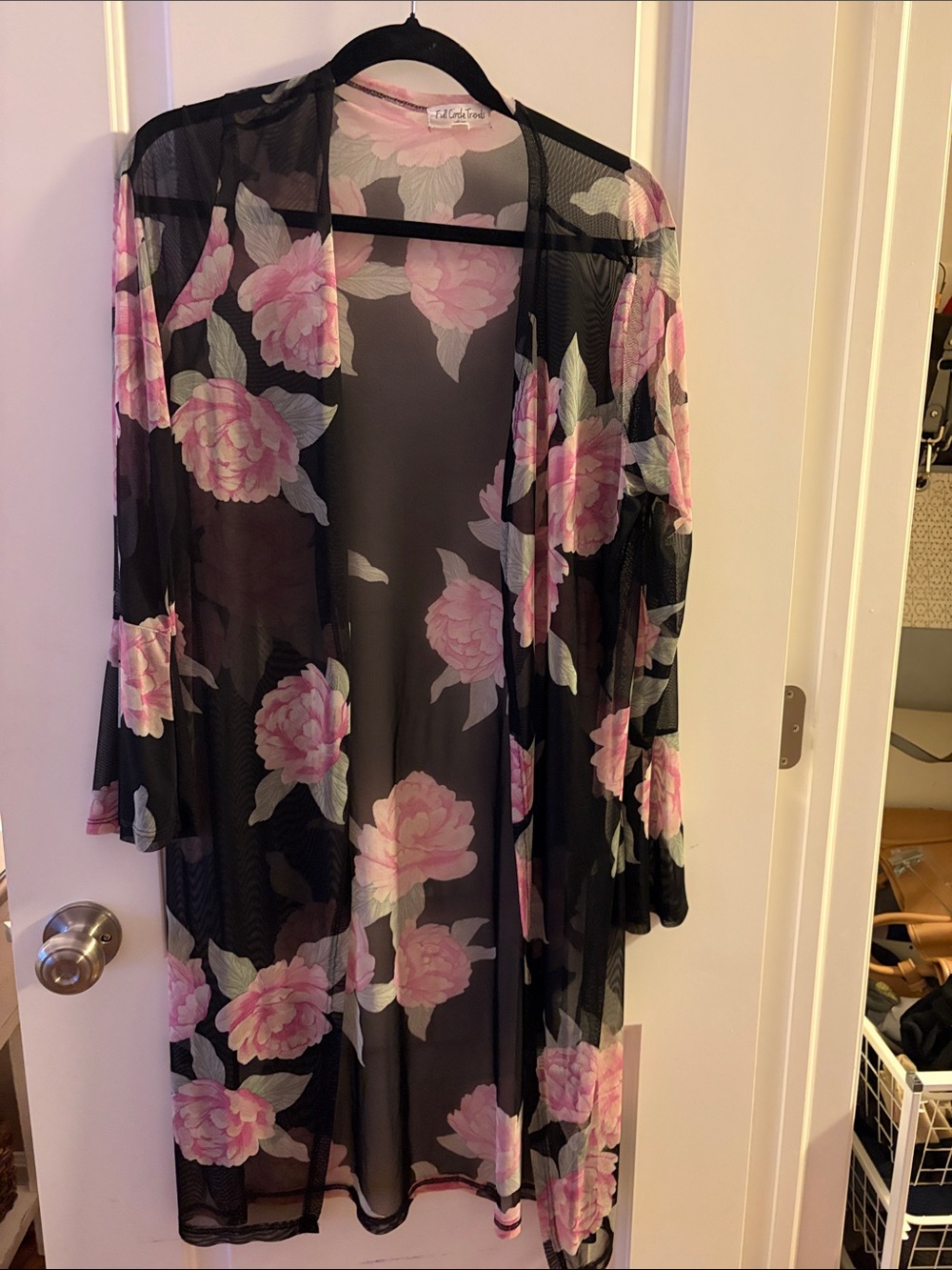 Floral Mesh Duster Kimono - Black with Pink Blooms